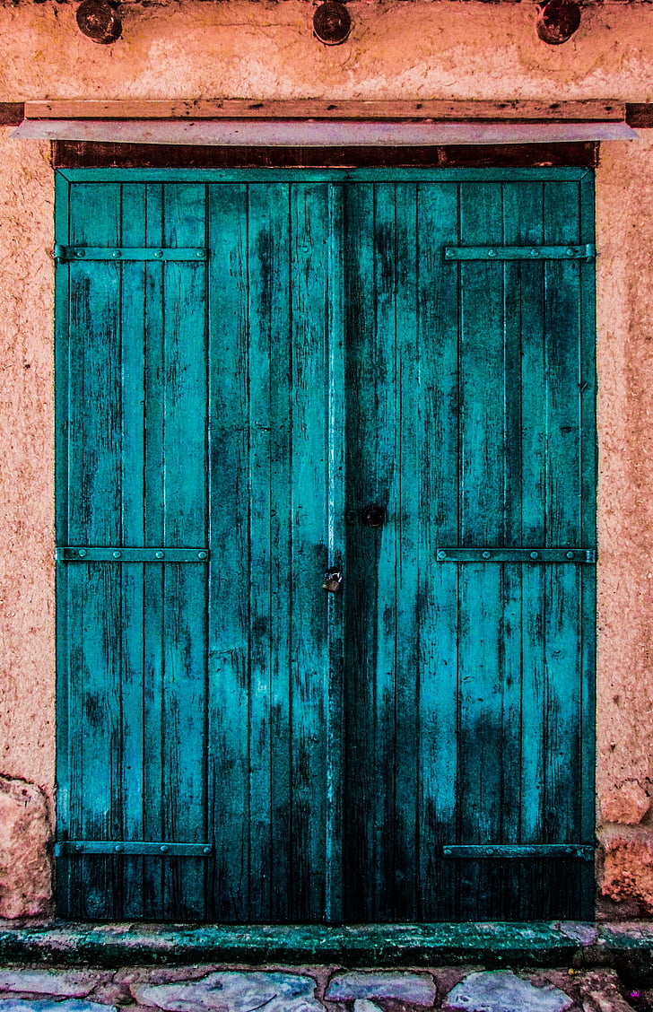 vrata, drveni, šarene, prtljage, tradicionalni, zelenilo, arhitektura