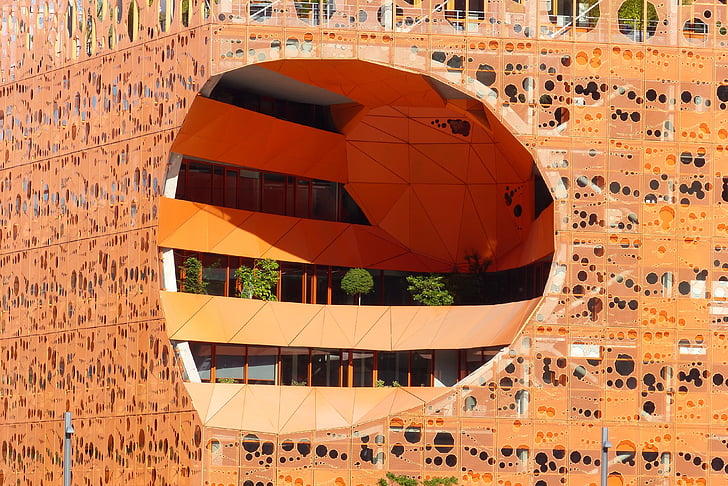 architecture, lyon, deconstruction, confluence, cube orange, france, facade