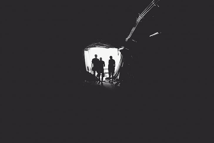 silhouette, three, people, tunnel, black and white, entrance, open