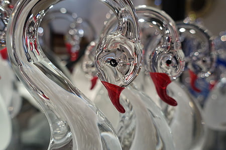 glass, swans, glass blowing, mirroring, decoration, colorful, glass work