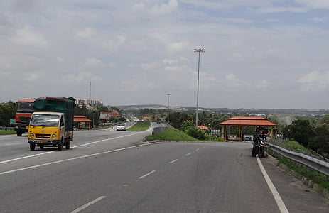 highway, interchange, slip road, tax check, toll gate, city, transport