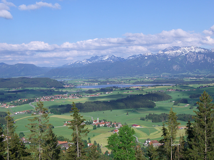 tó, hegyi panorámával, Allgäu, Hop a tavon, speiden, Hopferau, felhők