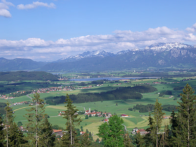 ezers, kalnu panorāma, Allgäu, apiņu uz ezera, speiden, hopferau, mākoņi