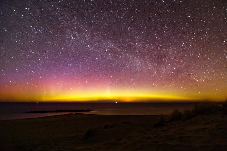 Kuzey ışıkları, Aurora, Danimarka, aurora borealis, gece, yıldız, Andromeda