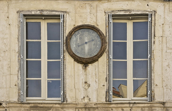 barometer, historic, instrument, outside, wall, facade, windows