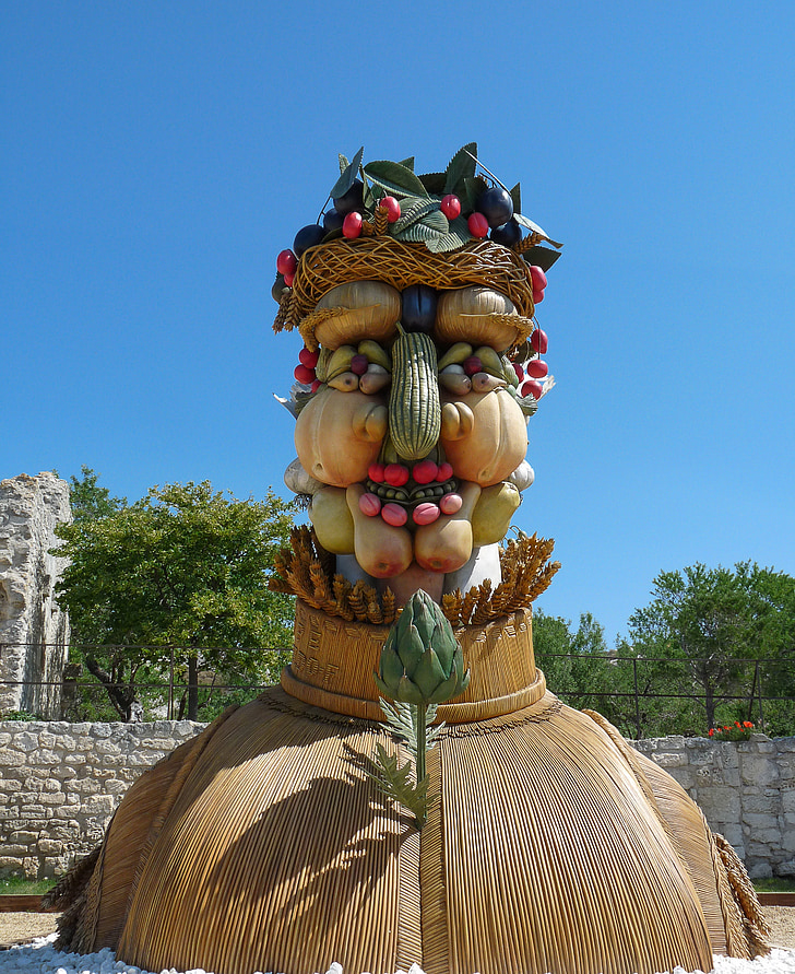 sculpture, giant, arcimboldo, fruit, four seasons