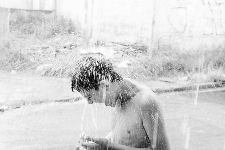 hujan, mandi, Anak laki-laki, dingin, segar, ember es tantangan