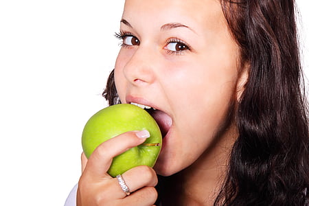 obuolių, Bitė, kramtymas, valgyti, moteris, maisto, vaisių