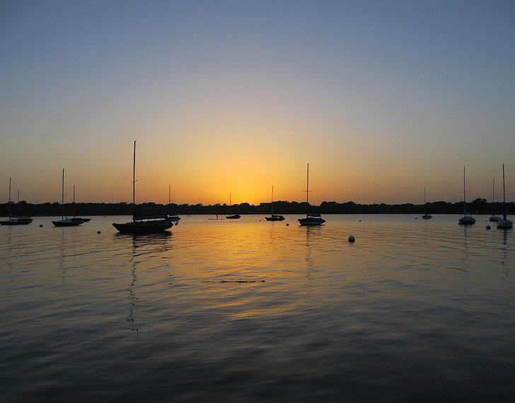sailboat, sunset, lake, calm, sky, landscape, horizon