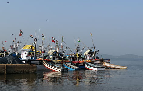 海港, 捕鱼, 小船, 河, aghanashini, tadri, 卡纳塔克