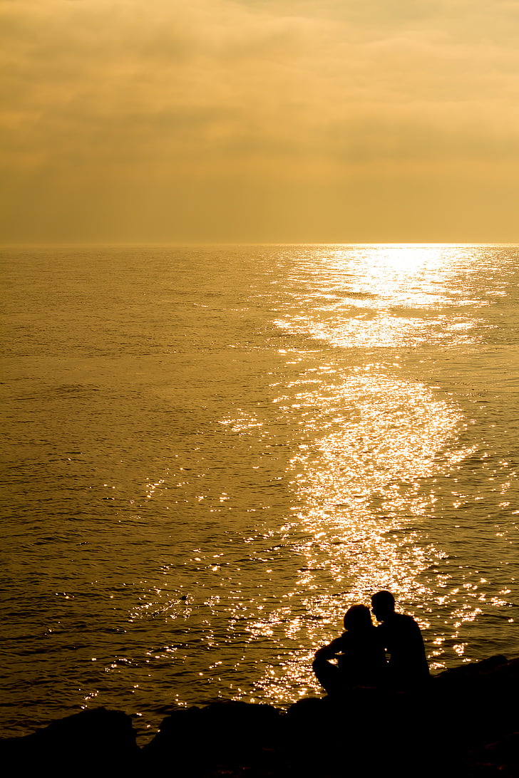 landscape, sunset, sea, people, silhouette, romantic, atmosphere