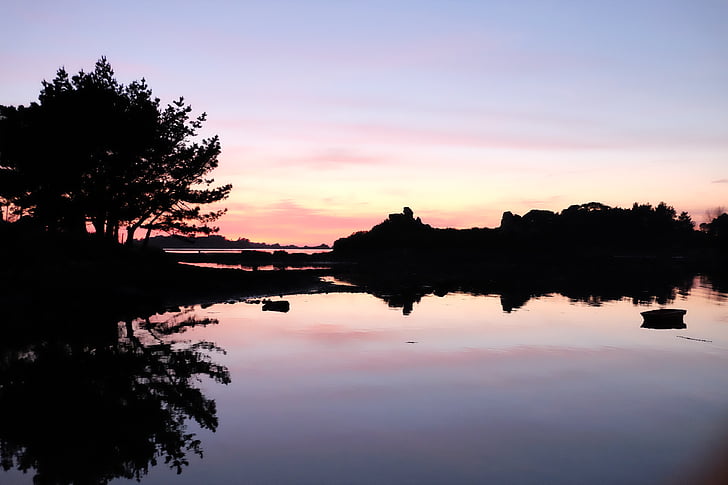 Brittany, matahari terbenam, laut, Prancis, liburan, refleksi, alam