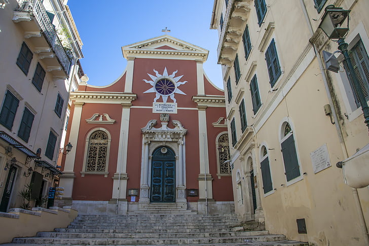 nagrinėja, bažnyčia, Corfu, šventykla, Jonijos, laiptai, durys