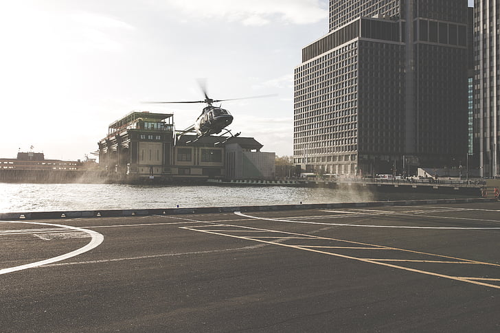 black, white, helicopter, hovering, helipad, building, landing