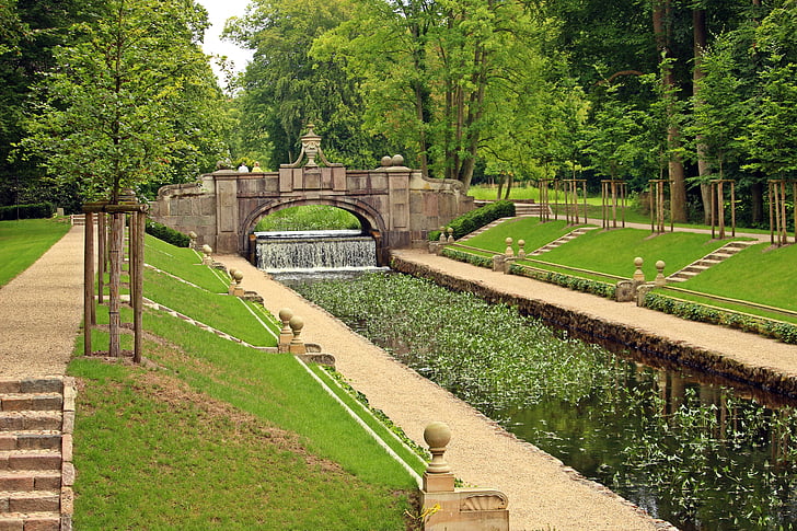 ludwigslust-parchim, castle park, schlossgarten, waterfall, park, water