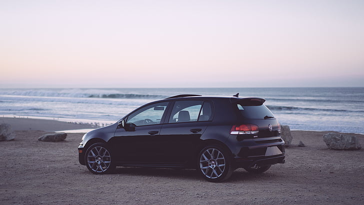 hitam, Volkswagen, pintu, hatchback, dekat, laut, Mobil