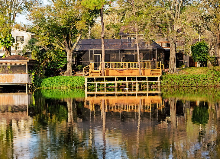house, lake house, forest, jetty, reflection, nature, architecture