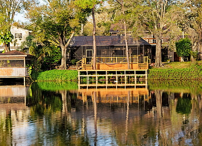 Casa, casa sul lago, foresta, molo, riflessione, natura, architettura