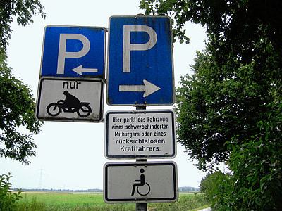 sinal de tráfego, sinal de estrada, Parque de estacionamento, cadeira de rodas, desabilitado, tendo em conta, consideração