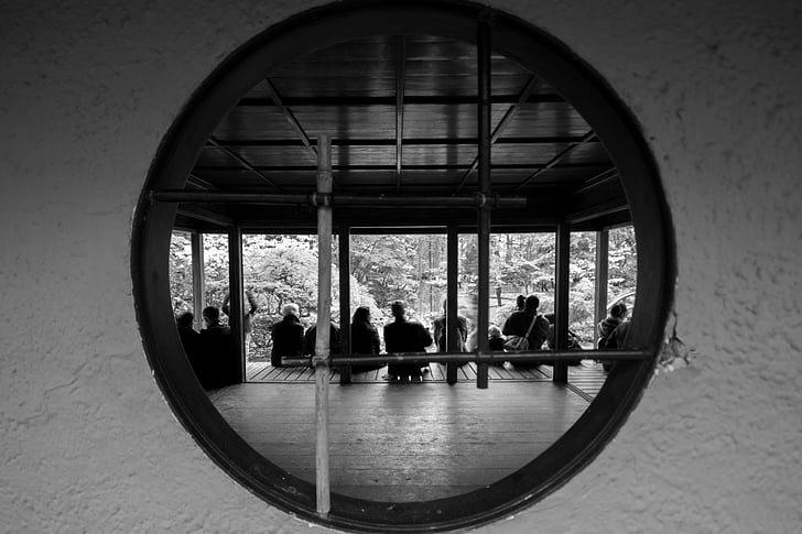 persone, bianco e nero, cerchio, dando una occhiata, seduta, in attesa, Parco