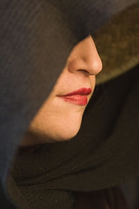 woman, sexy, face, lipstick, cloak, vixen, hooded