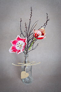 flowers, tulips, pink white, branch, twig, vase, heart pendant