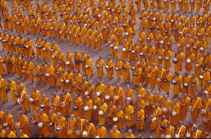monks, buddhists, crowd, people, wat, asia, thai