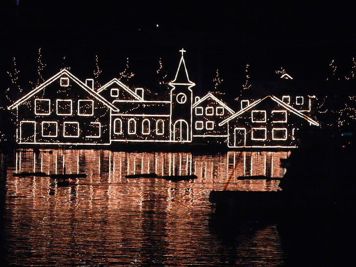 a winter's tale, város, tó, este, fények, Port, Karácsony