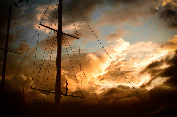 mât, gréement, navire, voilier, grand voilier, coucher de soleil, Cloudscape