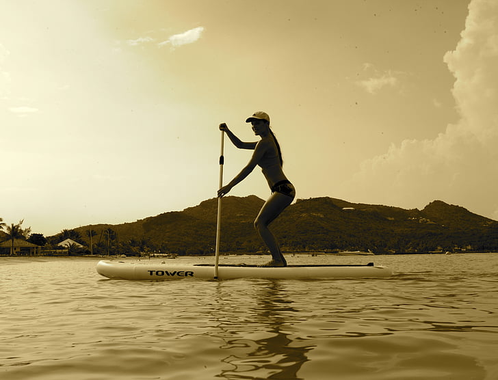 st barts, sunset, sup, girl, rowing, boat, water