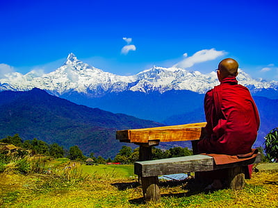 Theravada bouddhisme, retraite de l’Himalaya, gamme de l’Annapurna, se détendre, moine, moine Theravada, rajeunir