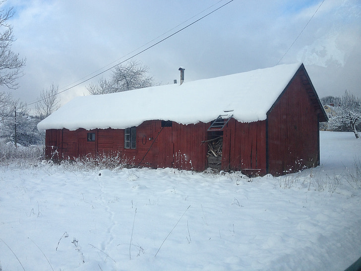 vinter, røde cottage, røde hus, sne, Twilight