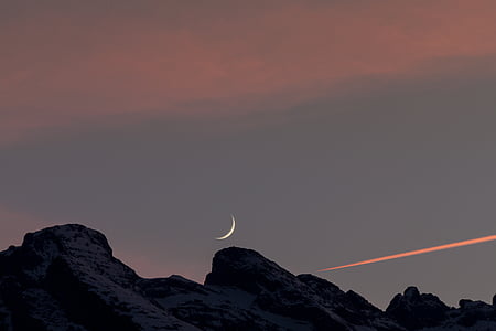snowy, mountain, crescent, moon, sunset, sky, silhouette