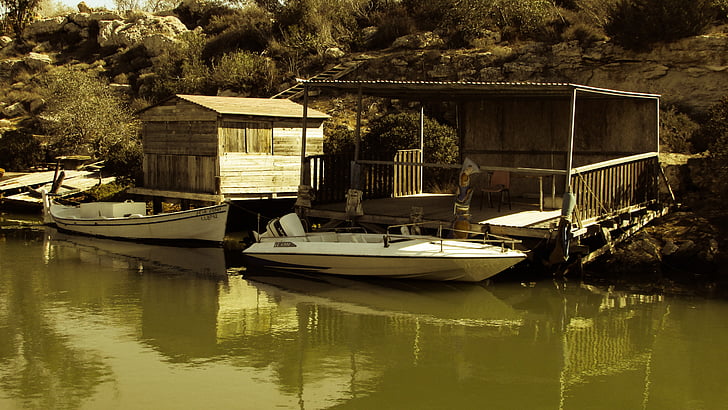 rybářský člun, rybolov úkryt, malebný, Potamos liopetri, Kypr