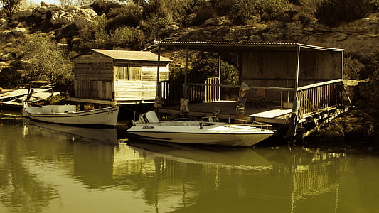rybářský člun, rybolov úkryt, malebný, Potamos liopetri, Kypr