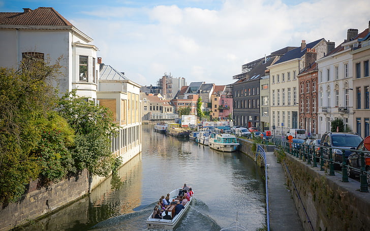 Gent, Belçika, nehir, Şehir, Kanal, insanlar, deniz gemi