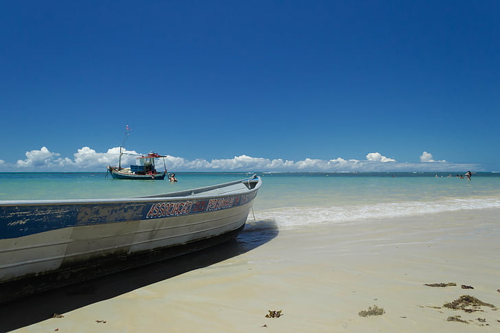 Trancoso, Bahia, Praia dos coqueiros, Mar, loďou, váži, Litoral