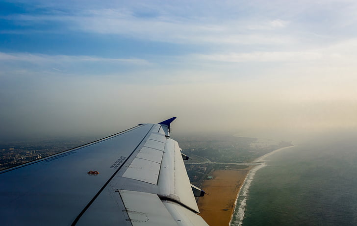 airplane wing, airplane window, plane, beach, beach view, aircraft, travel