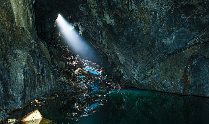 rocks, water, cave, flashlight, adventure, nature, stalactite