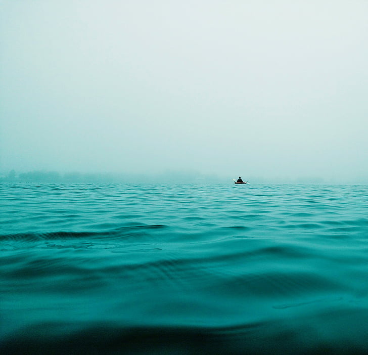 лодка, море, самотен, сам, синьо, океан, вода