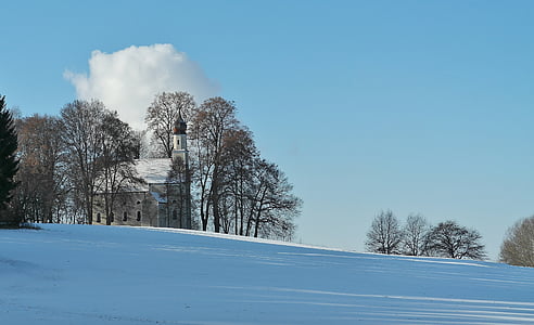church, chapel, winter, small church, steeple, landscape, sky