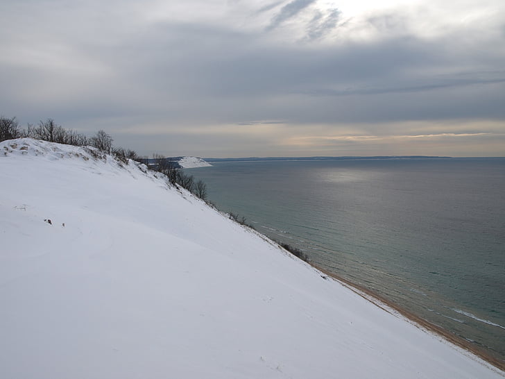 paisaje, invierno, nieve, Scenic, Lago michigan, agua, Sleeping bear dunes