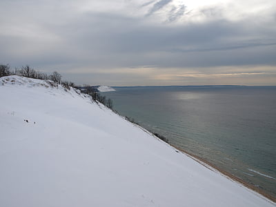 krajina, Zimní, sníh, malebný, Michiganské jezero, voda, spící medvěd duny