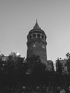 galata tower, istanbul, turkey, architecture, people, black and white
