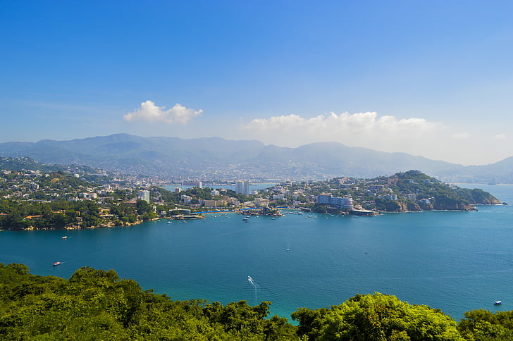 Acapulco, pludmale, zila, saulriets, saulains, Meksika, paradīze