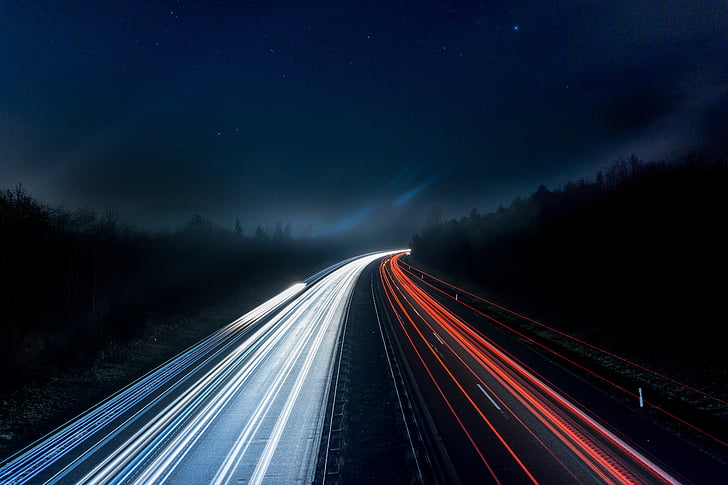 avtoceste, luči, noč, cesti, obsevati z reflektorsko lučjo, daljša izpostavljenost, hitrost