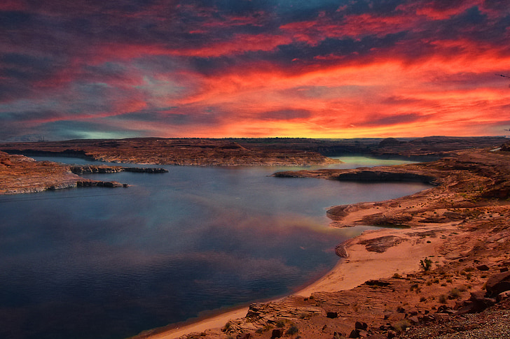 Lago powell, Arizona, nascer do sol, a brilhar, céu, nuvens, de manhã cedo