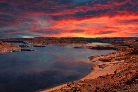 Lake powell, Arizona, Napkelte, izzó, Sky, felhők, kora reggel