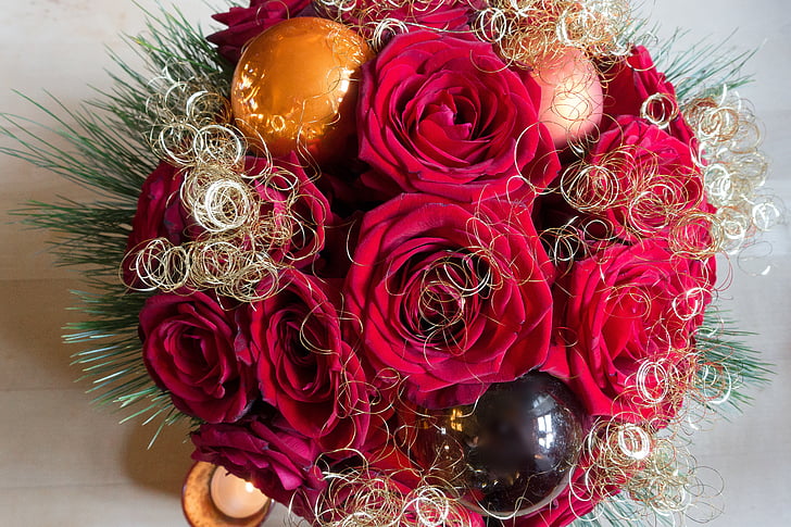 Rose, Christmas, Arrangement, Or, rouge, ornement de Noël, bijoux