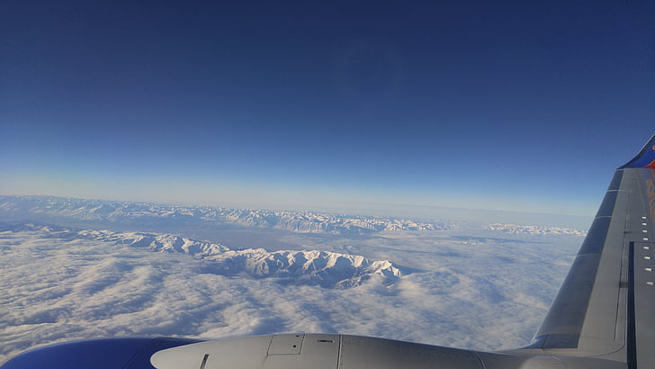 volant, muntanyes, aèria, neu, avió, cel, per sobre dels núvols